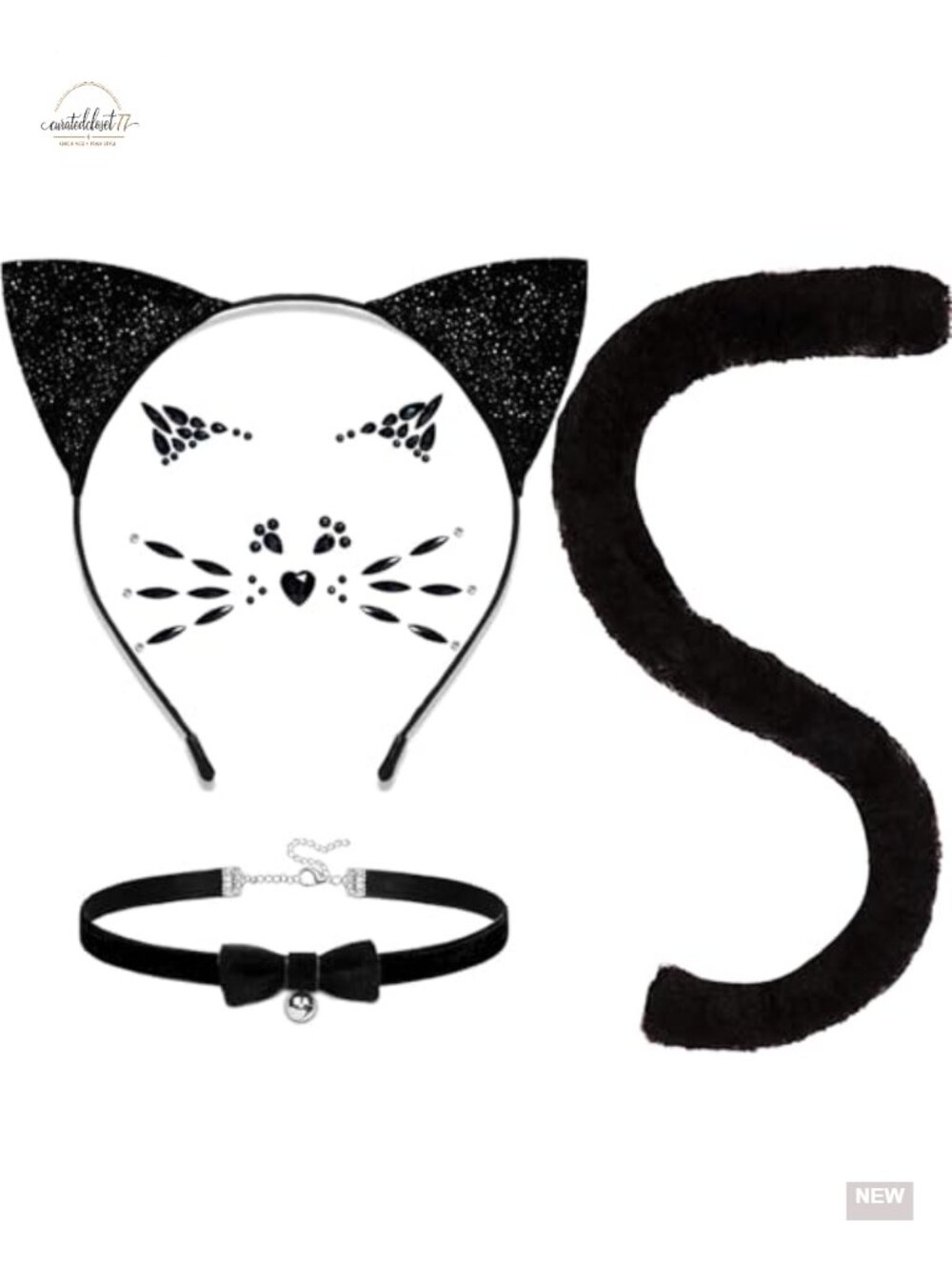 Cat Costume Accessories Set - Black Cat Ears, Tail, Bell Collar, Face Gems for